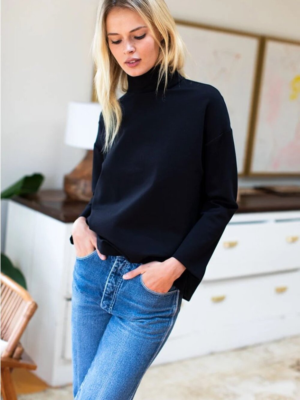 Emerson Fry Edie Ponte Top Womens Mock Neck Top Black Med NWT Boxy Mod Back Zip